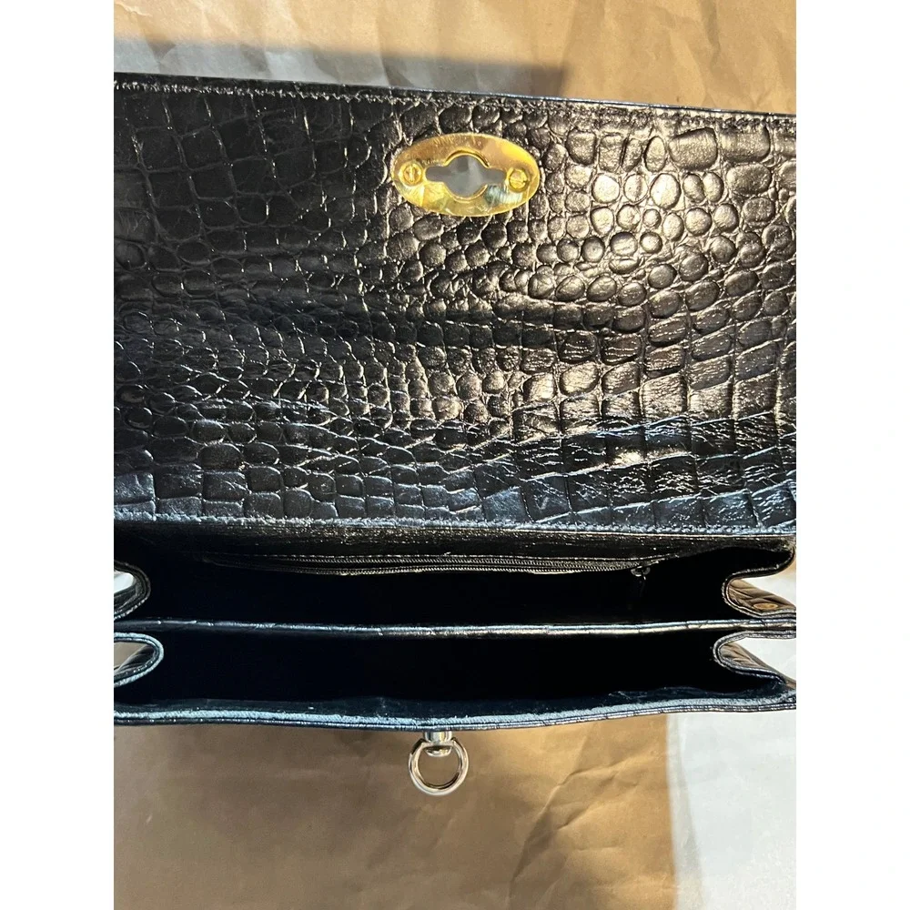Reem Medium Top Handle Bag Black Croc Embossed Leather Vintage Gold Hardware USA